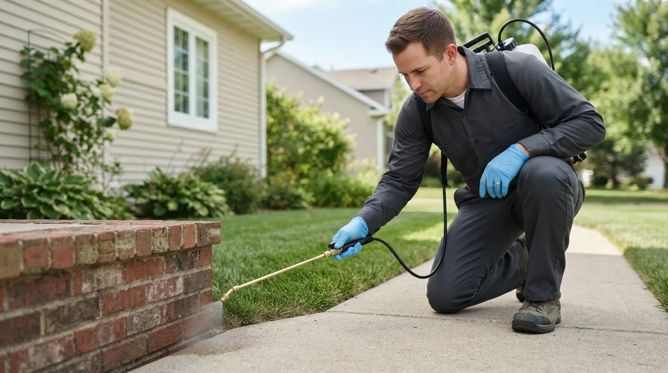Pest control technician treating a home near Abington, MA